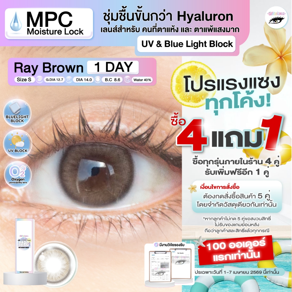 Glitzlens คอนแทคเลนส์รายวัน (1 Day) วัสดุ MPC กันแสงสีฟ้า/UV รุ่น Ray มี 2 สี วัสดุใหม่ชุ่มชื้นกว่า 