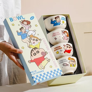 【ของแท้】Shinchan ชินจัง ชุดชามเซรามิค 4 ใบ 4.5 นิ้ว ลายน่ารัก กล่องเซ็ตหรู ของขวัญวันหยุด ใส่ข้าว ซุป ของหวาน ไมโครเวฟ