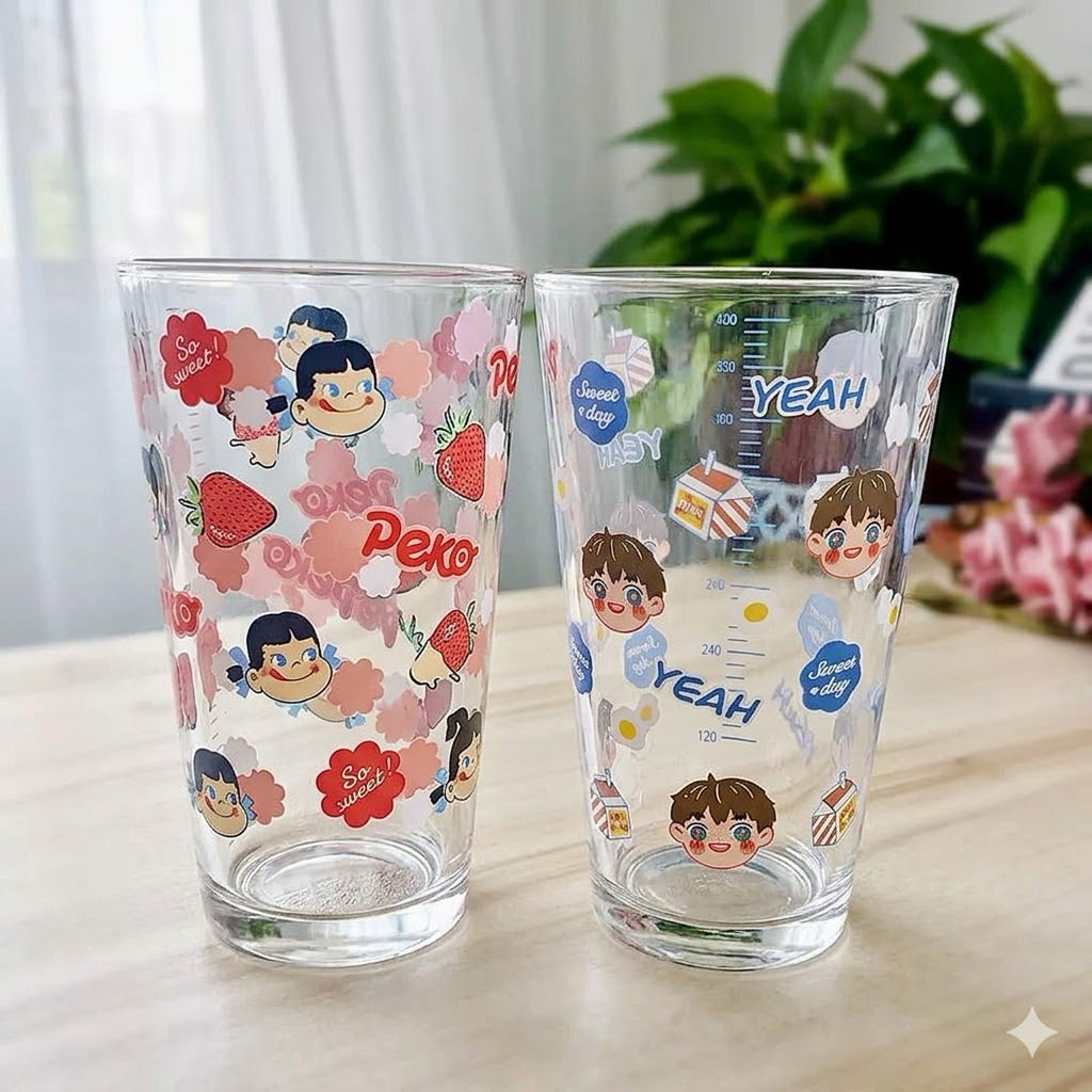 แก้วใหญ่ Peko แดง น้ำเงิน แก้วน้ำน่ารัก แก้วใส่เครื่องดื่ม แก้วใส ทรงสูง