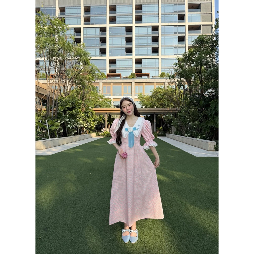 USED like new🩷(ไซส์ S,Plus ) FLAT2112: JOANNE YOUNG MAXI DRESS เดรสยาว แขนตุ๊กตา (FF0541)