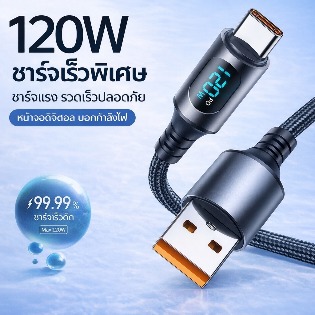 สายชาร์จ Type-C 120W ชาร์จเร็ว 6A PD USB-C to C มีจอดิจิตอลแสดงผล ถ่ายโอนข้อมูลได้ สายทน ใช้กับมือถือ/แท็บเล็ต 1M/2M