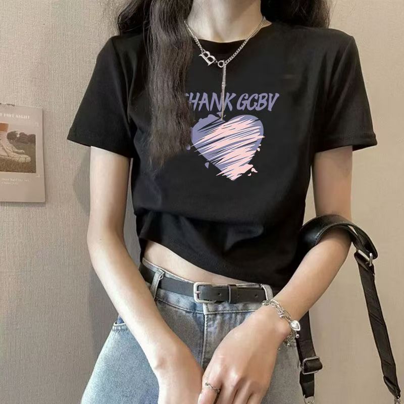 NEW เสื้อครอปคอกลม แขนสั้น ผู้หญิง สีดำ ขาว ชมพู E8013