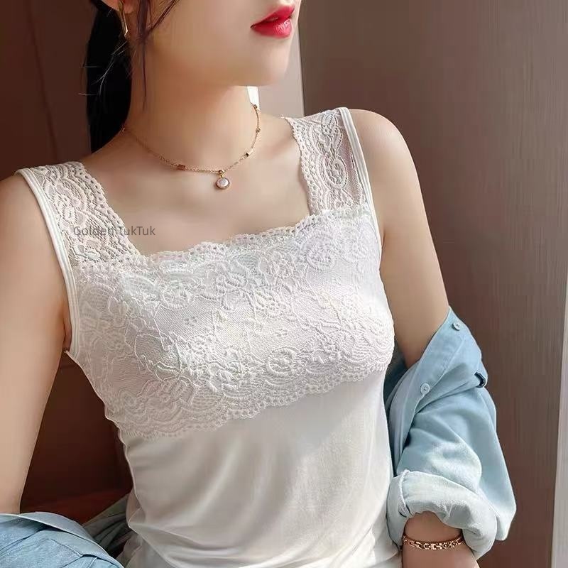 เสื้อสายเดี่ยวลูกไม้สีดำขาวสำหรับผู้หญิง เหมาะสำหรับใส่ในฤดูร้อน เสื้อชั้นในแขนกุดเซ็กซี่ ทันสมัย