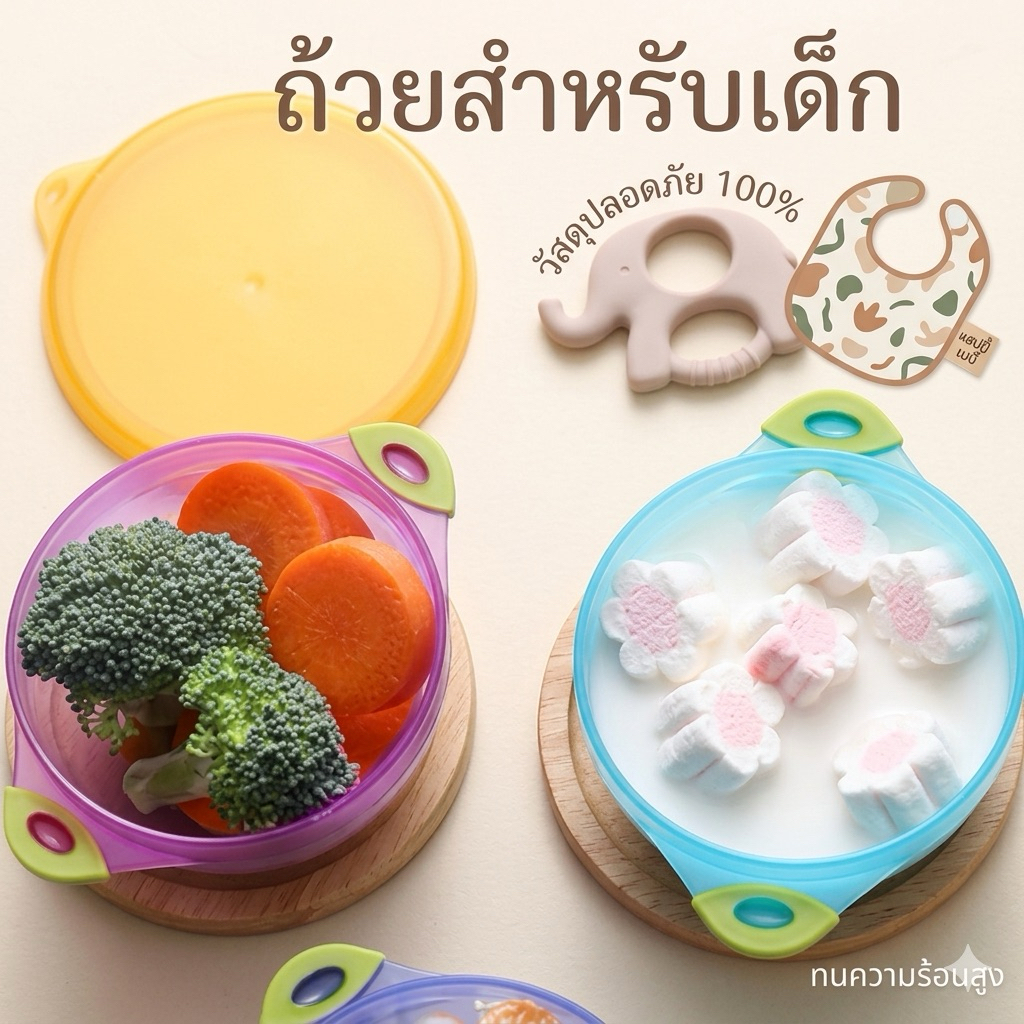 ถ้วยอาหารเด็ก จานข้าวเด็ก พร้อมฝาปิด พร้อมส่งจากไทย