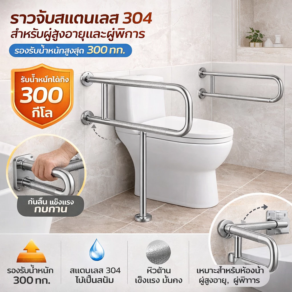 ราวจับสำหรับผู้สูงอายุ304 ราวจับห้องน้ำ ราวจับกันลื่นสเตนเลส ราวช่วยพยุง ราวจับกันลื่น ราวกันลื่น ราวพยุง ตัวหนา