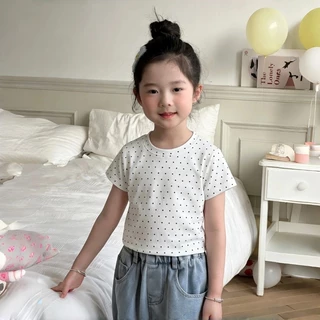 เสื้อยืดแขนสั้นลายจุดสำหรับเด็กผู้หญิง สไตล์เกาหลี ใส่ได้หลายโอกาส ทันสมัย ​​และน่ารัก เสื้อคอกลมทรงสวย