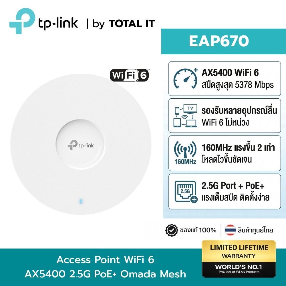 TP-Link EAP670 AX5400 WiFi 6 Access Point พอร์ต 2.5G รองรับ PoE+/Mesh สปีดแรงทะลุ 1Gbps