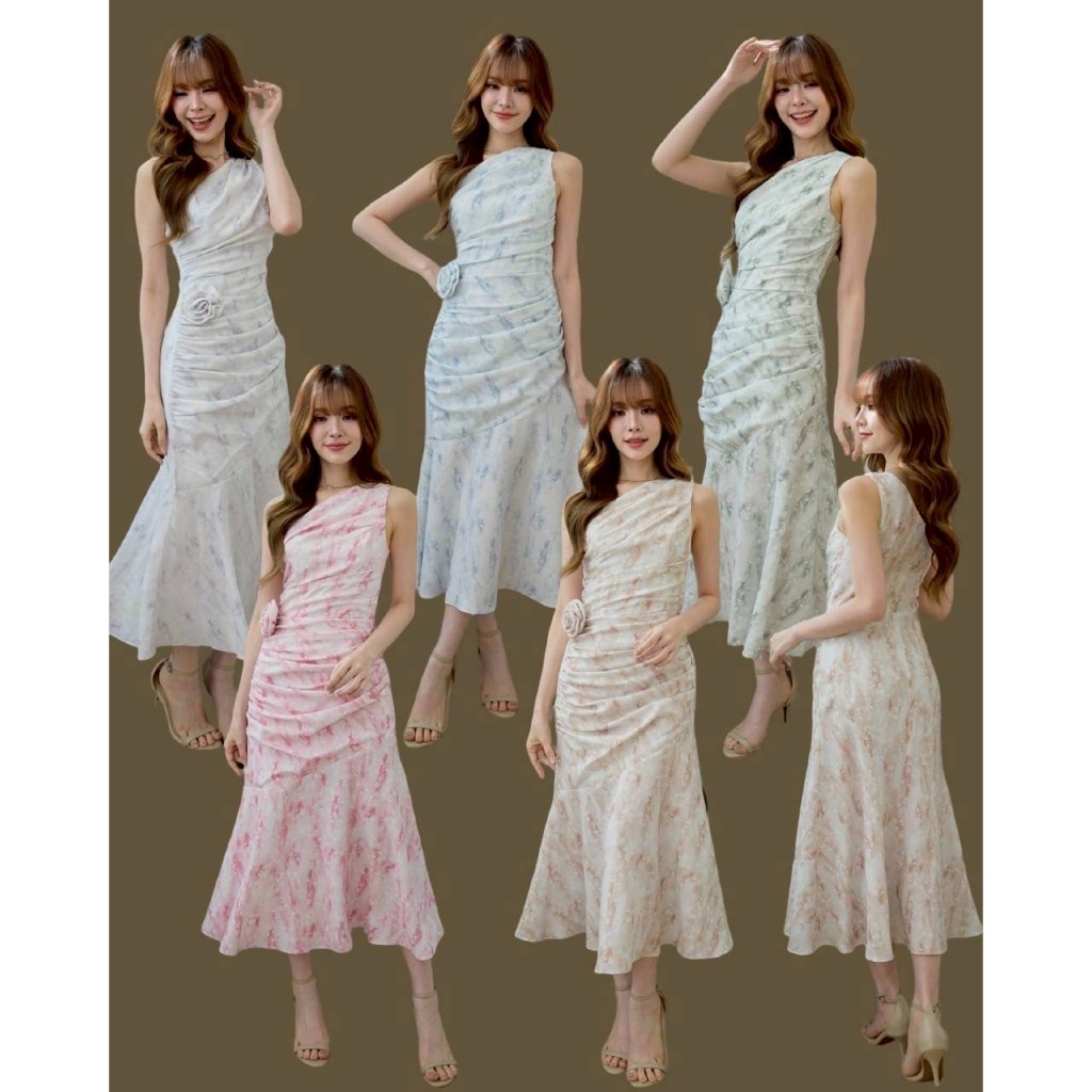 ชุดออกงาน ชุดเพื่อนเจ้าสาว koolykool ไหล่เบี่ยงรูดทั้งตัวชายกระโปรงย้วยผ้าลายแถมเข้มกลัดดอกไม้ THL00