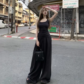 ACHSAWAKE เซตผู้หญิง เสื้อกล้ามพอดีตัว + กางเกงขายาวเอวสูงขากว้าง หลวมสวย ใส่ทุกวัน