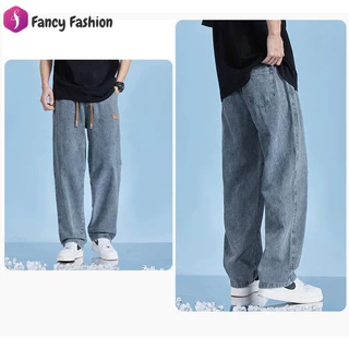 Fancy Fashion กางเกงยีนส์ยาวชาย ทรงกระบอกเอวสูง ใส่สบาย เอวยางยืด ปรับเอวด้วยเชือก เท่ๆเข้ากับทุกแนว