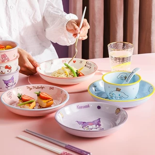 【ของแท้】Sanrio เครื่องเซรามิก จาน / ชาม / ถ้วย / ตะเกียบ / ช้อน Kuromi Hello Kitty My Melody Cinnamoroll ชุดจานชามน่ารัก