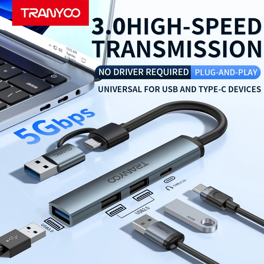 TRANYOO HB11-AC ฮับขยาย 4-in-1 โลหะ มีพอร์ต Type-C + USB 3.0 + USB 2.0 × 2 เหมาะสำหรับคอมพิวเตอร์และแล็ปท็อป
