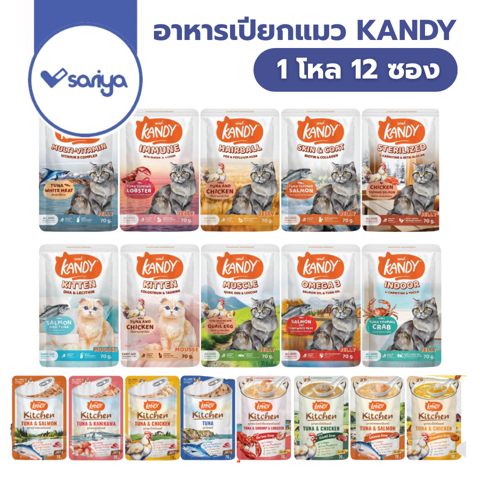 อาหารเปียกแมวแคนดี้ Kandy (12ซอง) ผลิตจากปลาเนื้อขาว ขนาด 70 กรัม