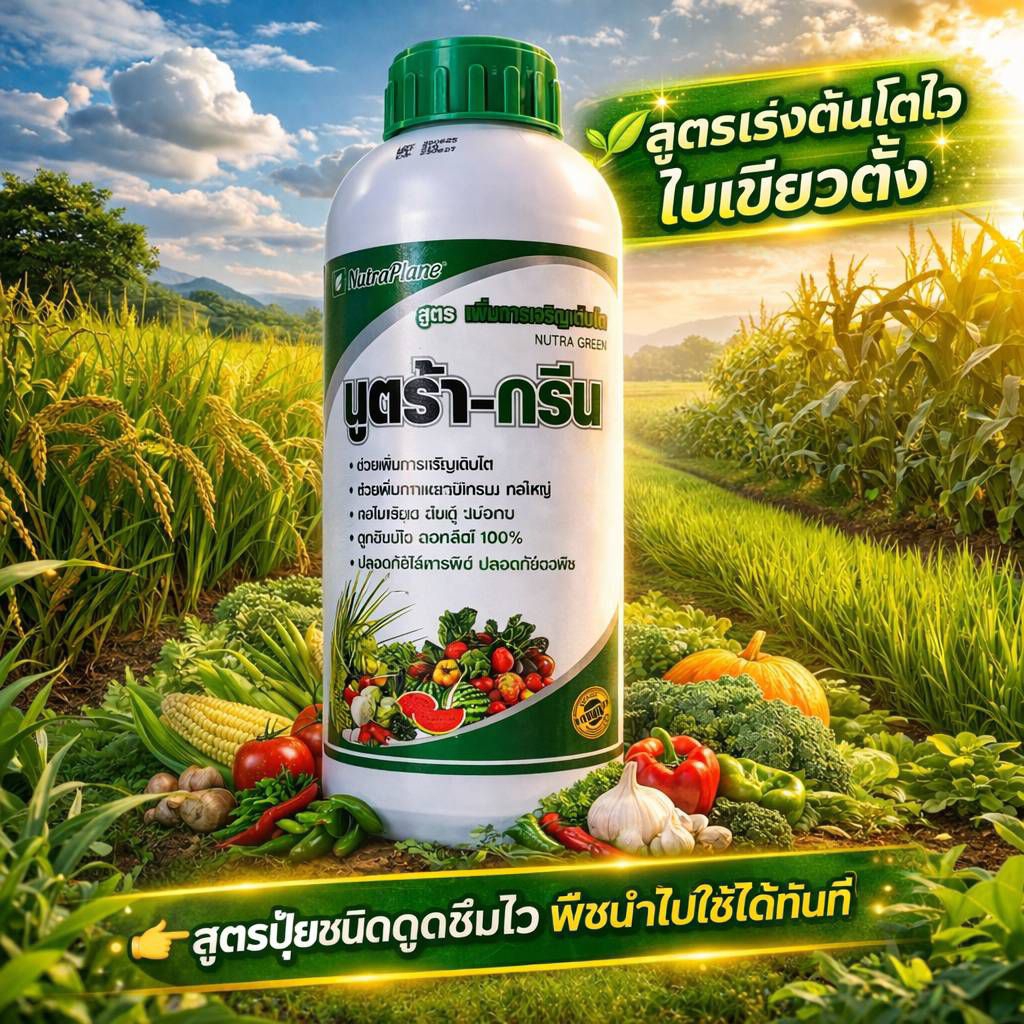นูตร้ากรีน 1ลิตร สูตรเร่งโต ช่วยกระตุ้นพืชโตเร็วแข็งแรง ทำให้ใบหนาเขียวเข้มตั้งตรงรับแสงได้เต็มที่ดูดซึมไวพืชใช้ได้ทันที
