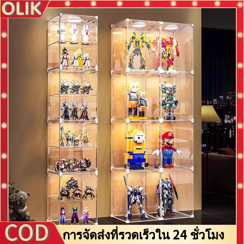 OLIK ตู้โชว์พลาสติกใส【มีฟิล์มกันรอย】ตู้โชว์โมเดลDIY 4-8 ชั้น มีประตูเปิด-ปิดและเก็บของได้หลากหลาย ลาบูบู ️ประกอบง่า