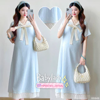 [BB 849] ชุดคลุมท้อง | BABYLADY ♡ - ผ้าคอตตอนพิมพ์ลาย ลูกไม้คอผูกโบว์ ชายลูกไม้ มีซับใน