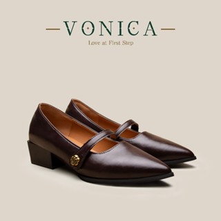 VONICA รองเท้าแมรี่เจนผู้หญิง หัวแหลม ส้นตัน สายคล้องทอง สไต…