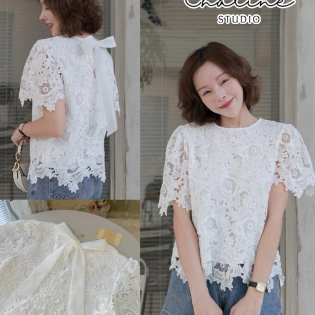 [พร้อมส่ง] Chaline เสื้อลูกไม้คอตตอนผ้าปักฉลุ มีลายในเนื้อผ้า