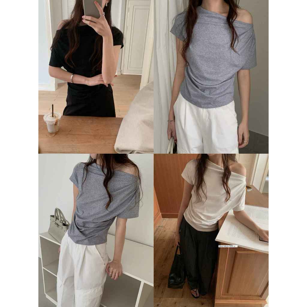 INBYIN - เสื้อแขนสั้นดีไซน์เย็บพลีทไหล่ BOAT NECK TOP  - I3578