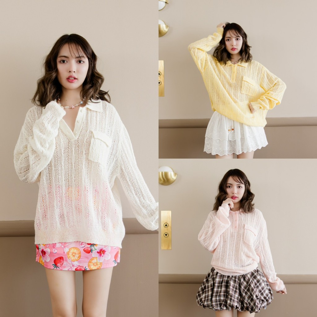 Flower brown : Flully polo knit เสื้อโปโลไหมพรมแขนยาวทอฉลุ