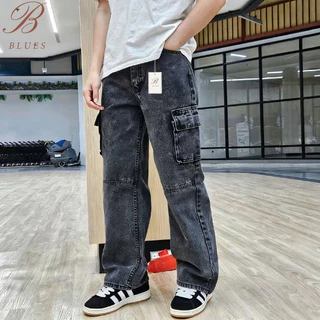 B BLUES กางเกงยีนส์คาร์โก้กระบอกใหญ่ สีดำฟอก*สียอดฮิต*