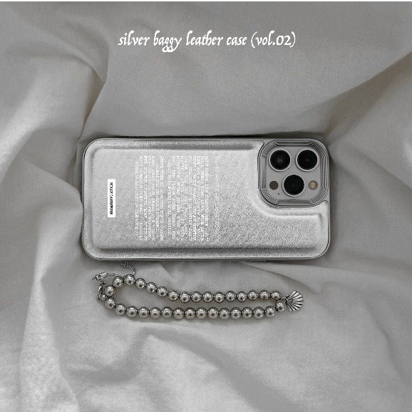 เคสไอโฟน: SILVER—BAGGY LEATHER (VOL.2) ⚙️ with phone strap เคสหนัง สกรีน พร้อมสายคล้องมือ
