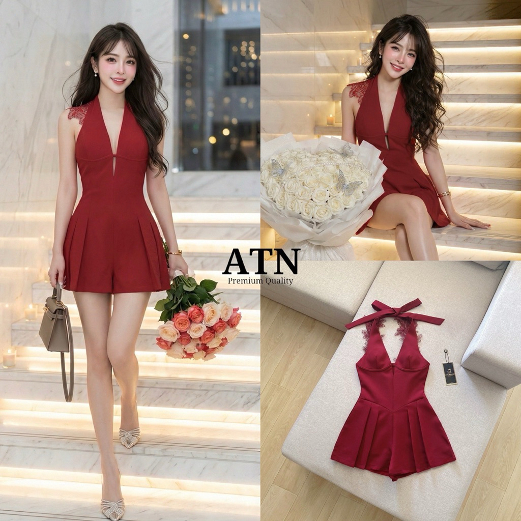 ATN BRAND จั้มสูทขาสั้นคล้องคอผูกโบว์ด้านหลัง ช่วงอกแต่งผ้าลูกไม้