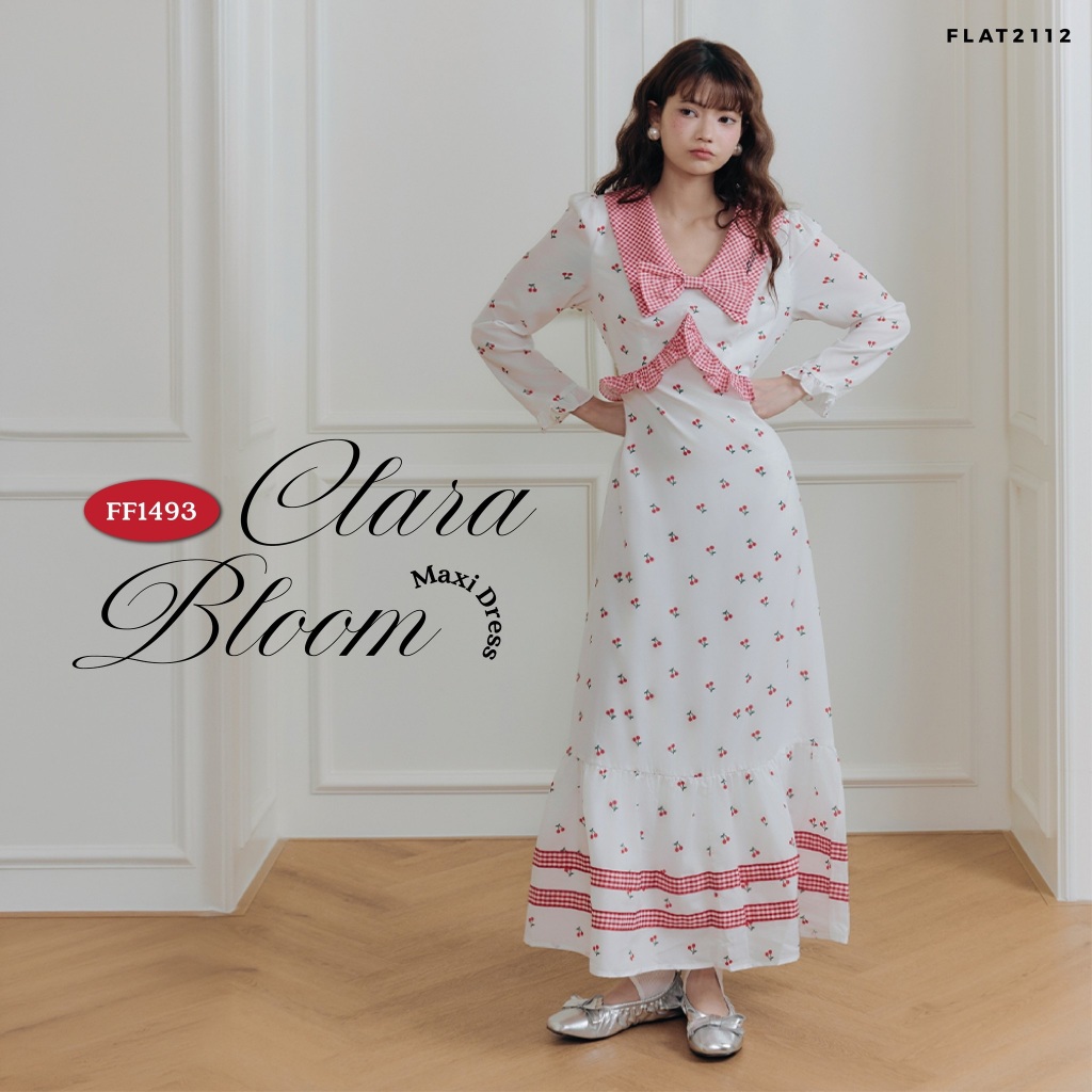 FLAT2112 :  CLARA BLOOM MAXI DRESS เดรสยาวลายเชอร์รี่ เดรสสไตล์เกาหลี เดรสใส่เที่ยว เดรส picnic เดรสถ่ายรูป (FF1493)
