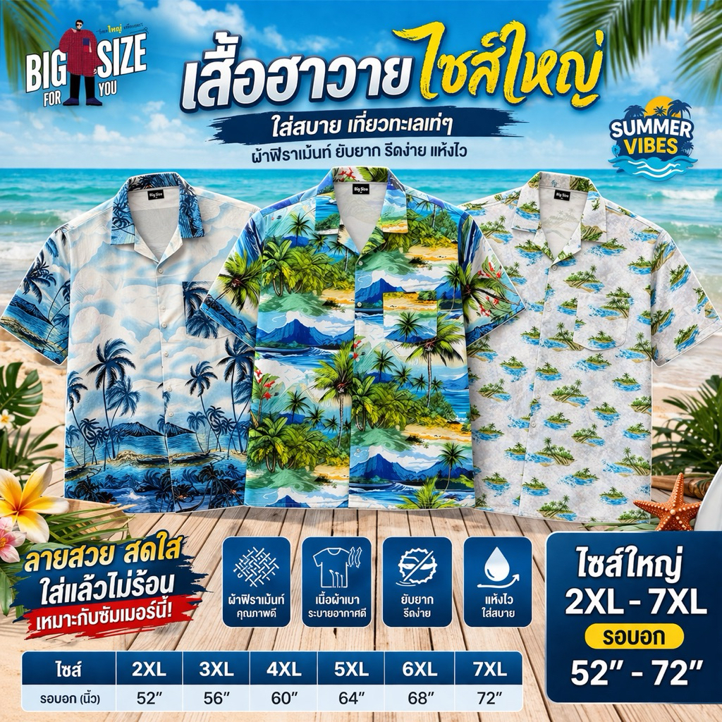 BIG SIZE FOR YOU เสื้อฮาวาย ไซส์ใหญ่ 2XL-7XL อก 52-72นิ้ว เสื้อเชิ้ต เที่ยวทะเล ลายต้นมะพร้าว ผ้าสวมใส่สบาย ไม่ต้องรีด
