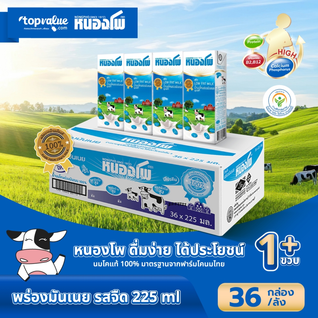นมหนองโพ น้ำนมโคพร่องมันเนย 225ml (36 กล่อง/ลัง) รสจืด