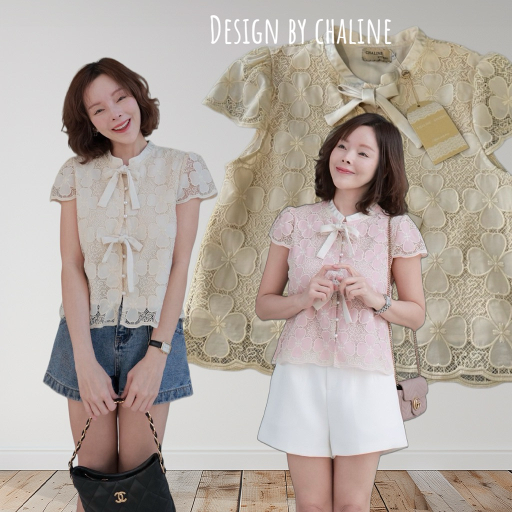 [พร้อมส่ง] CHALINE เสื้อแขนสั้นผ้าลูกไม้คอตตอนซิลล์ ด้านหน้าแต่งโบว์สวย