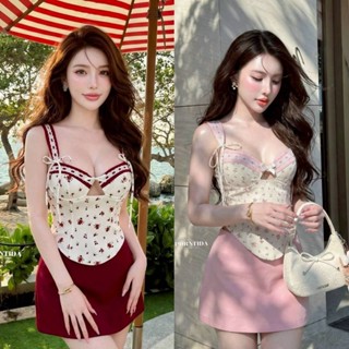 Porntida ชุดเซต2 ชิ้น เสื้อสายเดี่ยวลายดอกกุหลาบ งานซิปหลัง+…