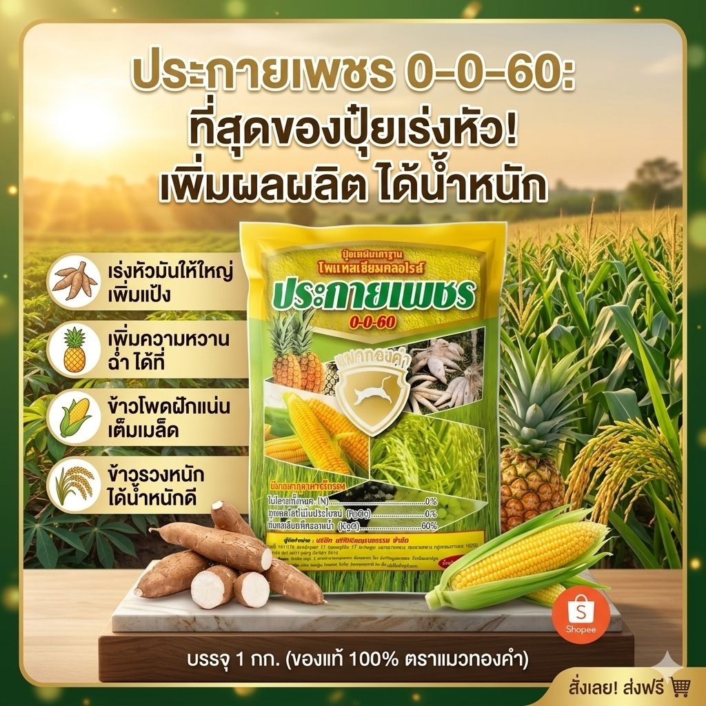 🌿 ปุ๋ยเกล็ด 0-0-60 ตราประกายเพชร (แมวทองคำ) 1 กก. เร่งหัวโต เพิ่มแป้ง เร่งหวาน น้ำหนักดี ละลายน้ำ 10
