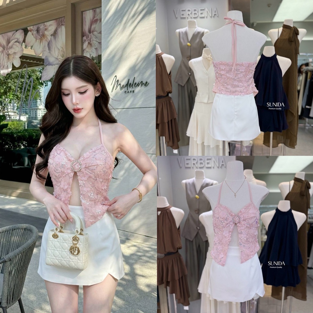 โปรดทักแชตสอบถามสต็อกก่อนสั่ง ชุดเซต 2 ชิ้น เสื้อผูกคอสีชมพูดอกไม้3D SD
