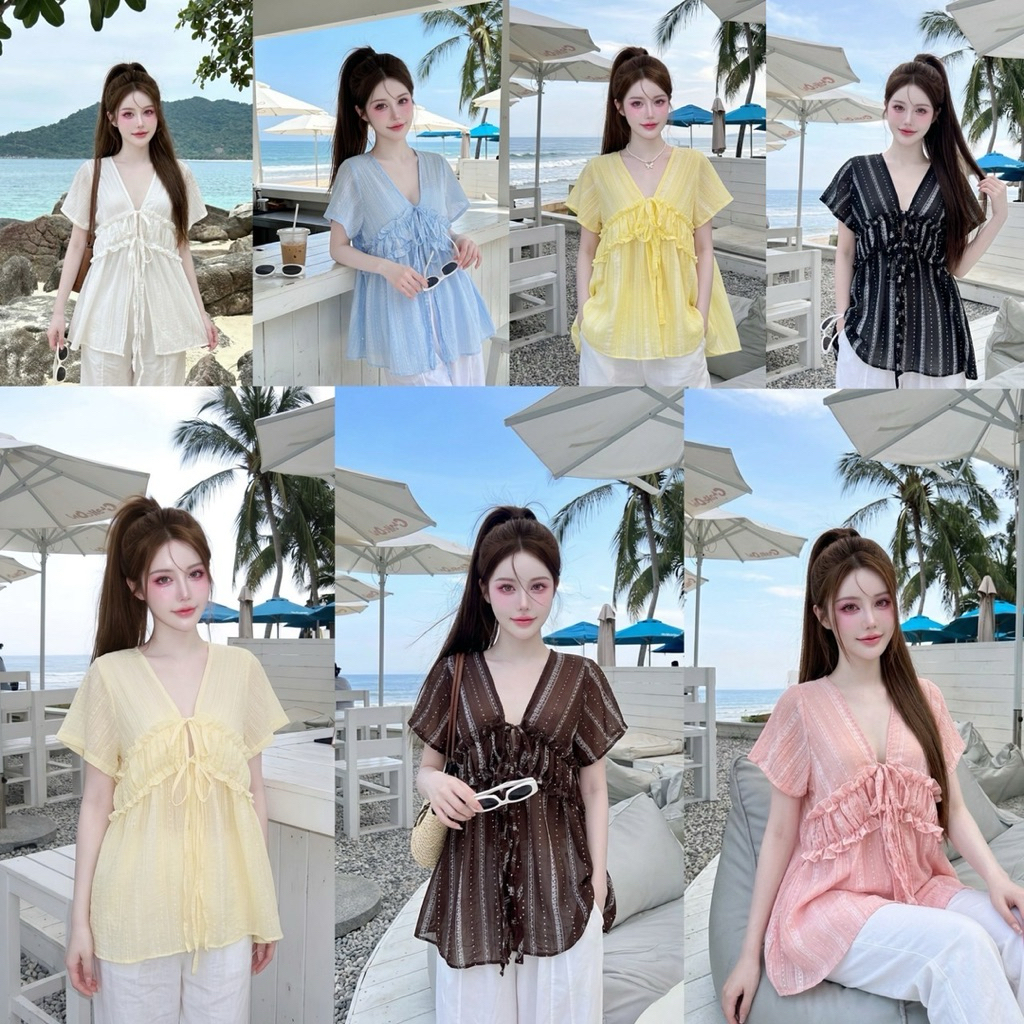Teera❤️พร้อมส่ง✨Summer Breeze Blouse🔸เสื้อทรงปล่อยพริ้ว ๆ สไตล์สาวทะเล เชือกผูกด้านหน้า ผ้าสปันพริ้วสวย🪴 sheeny