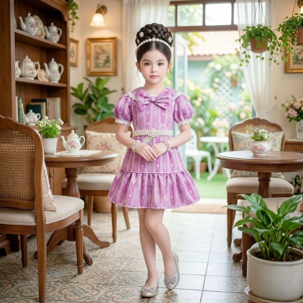 ชุดไทยเด็ก รุ่นชุดเช็ต2ชิ้นเสื้อ+กระโปรงสั้น ผ้าฝ้ายทอลายหัวใจ