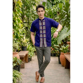 เสื้อผ้าไทยพื้นเมืองชาย ผ้าฝ้ายพื้นเมืองคอจีนแต่งเชือกแขนสั้นใส่ออกงานใส่ทำงานอก 40,42,44,46,48,50,52,54,56