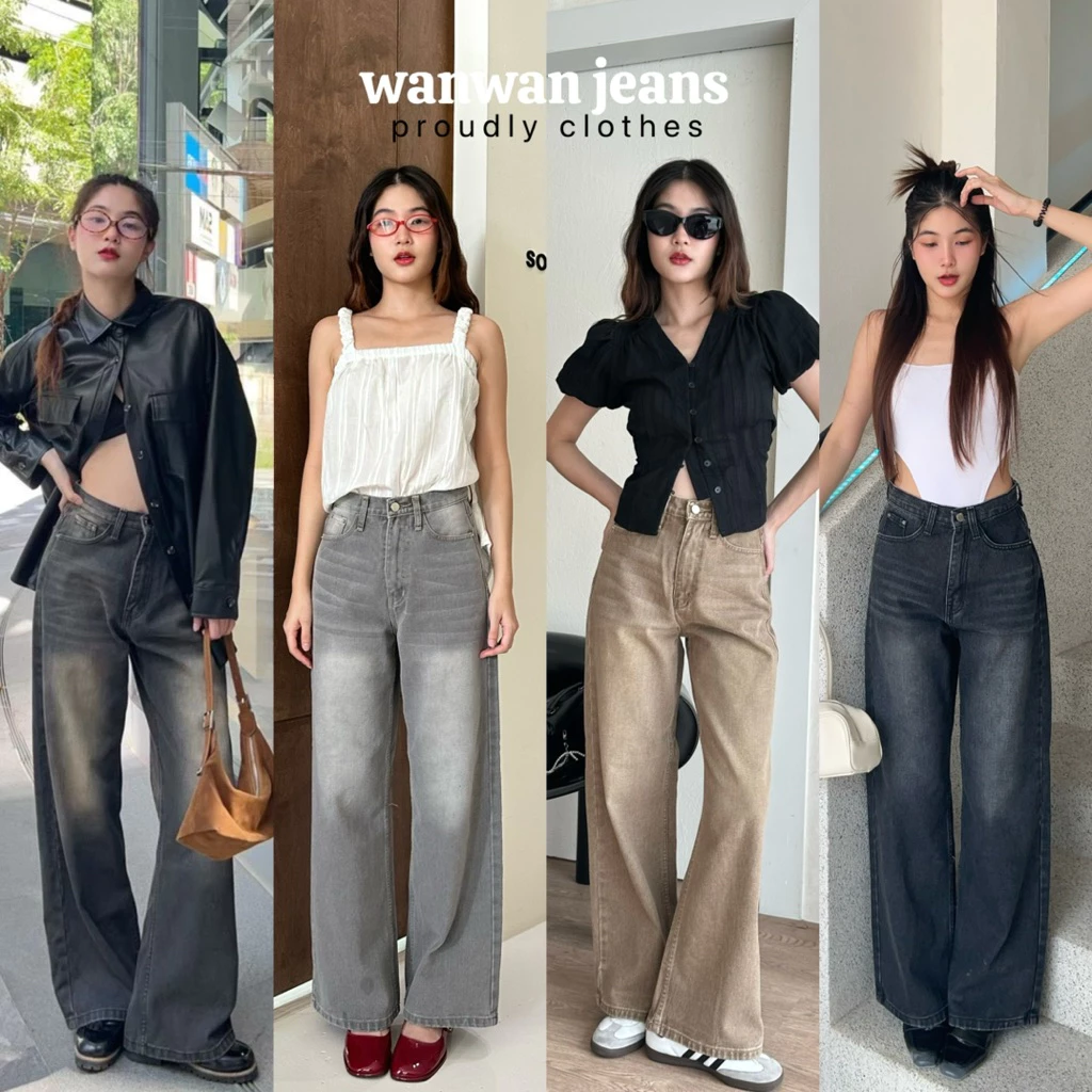 Proudly.bkk - wanwan jeans กางเกงยีนส์ขากระบอกใหญ่ วินเทจเอวสูงไม่มากสีเฟดฟอก