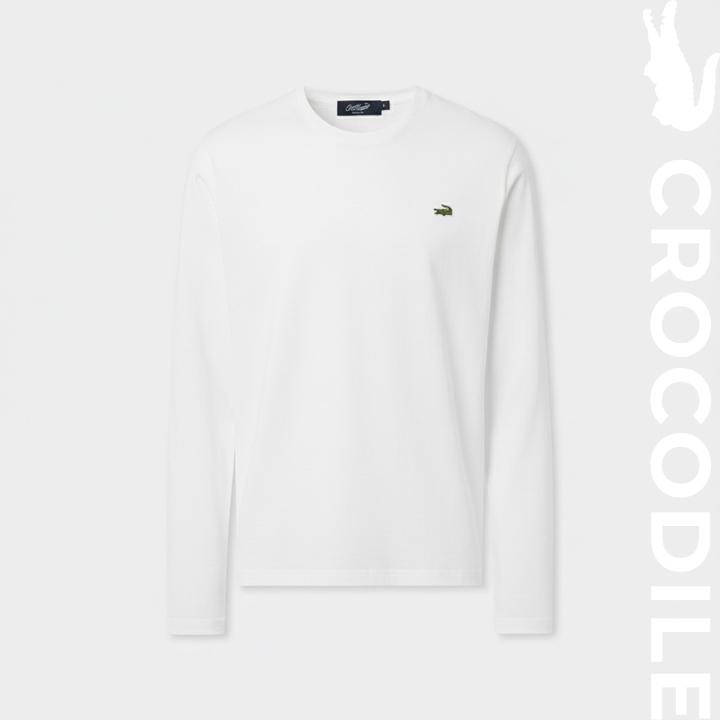 CROCODILE WHITE CUSTOM FIT LONG SLEEVE CREW NECK T-SHIRT เสื้อยืดคอกลมแขนยาวสีขาวทรงคัสตอมฟิต