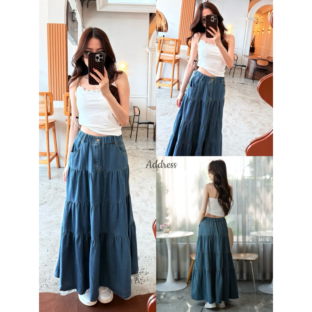 🌈🌿🌼🌺🌸💙🇰🇷 Jeans Patch Tier Long Skirt