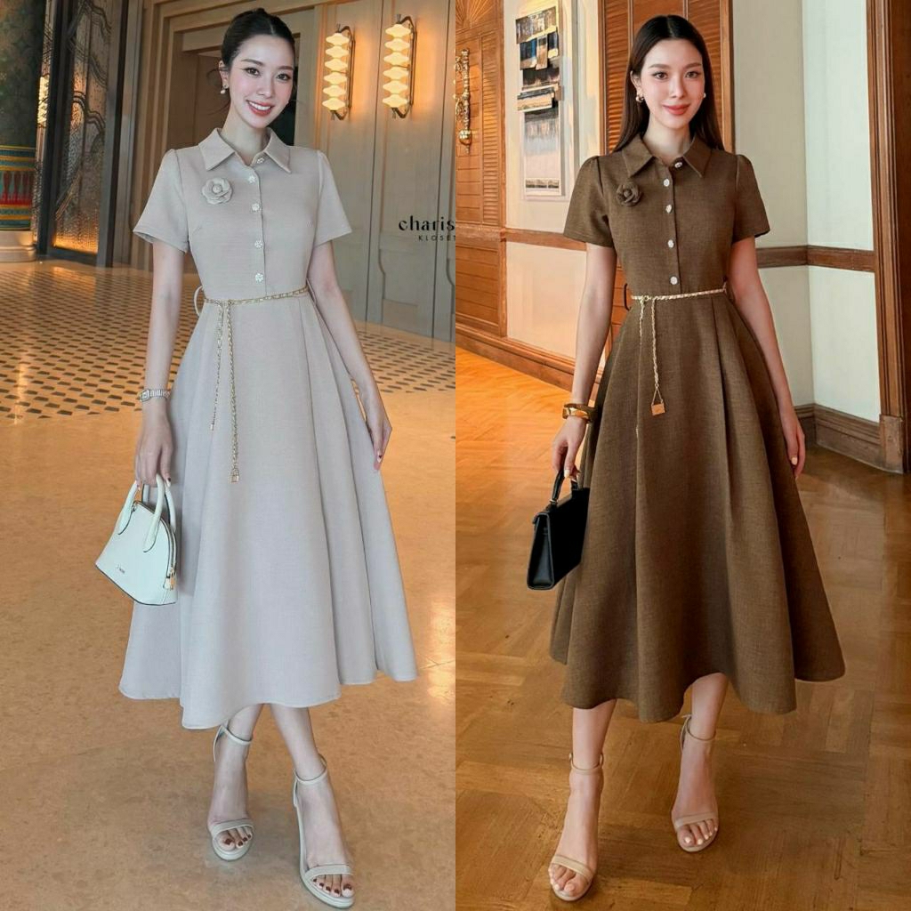 (S-XL)   CHARISSA 📣พร้อมส่งเซ็ทเเดรสคอปกแต่งกระดุมดอกไม้น่ารัก+เข็มขัดโซ่+เข็มกลัดดอกไมัเนื้อผ้าทวิตญี่ปุ่นมีซับใน