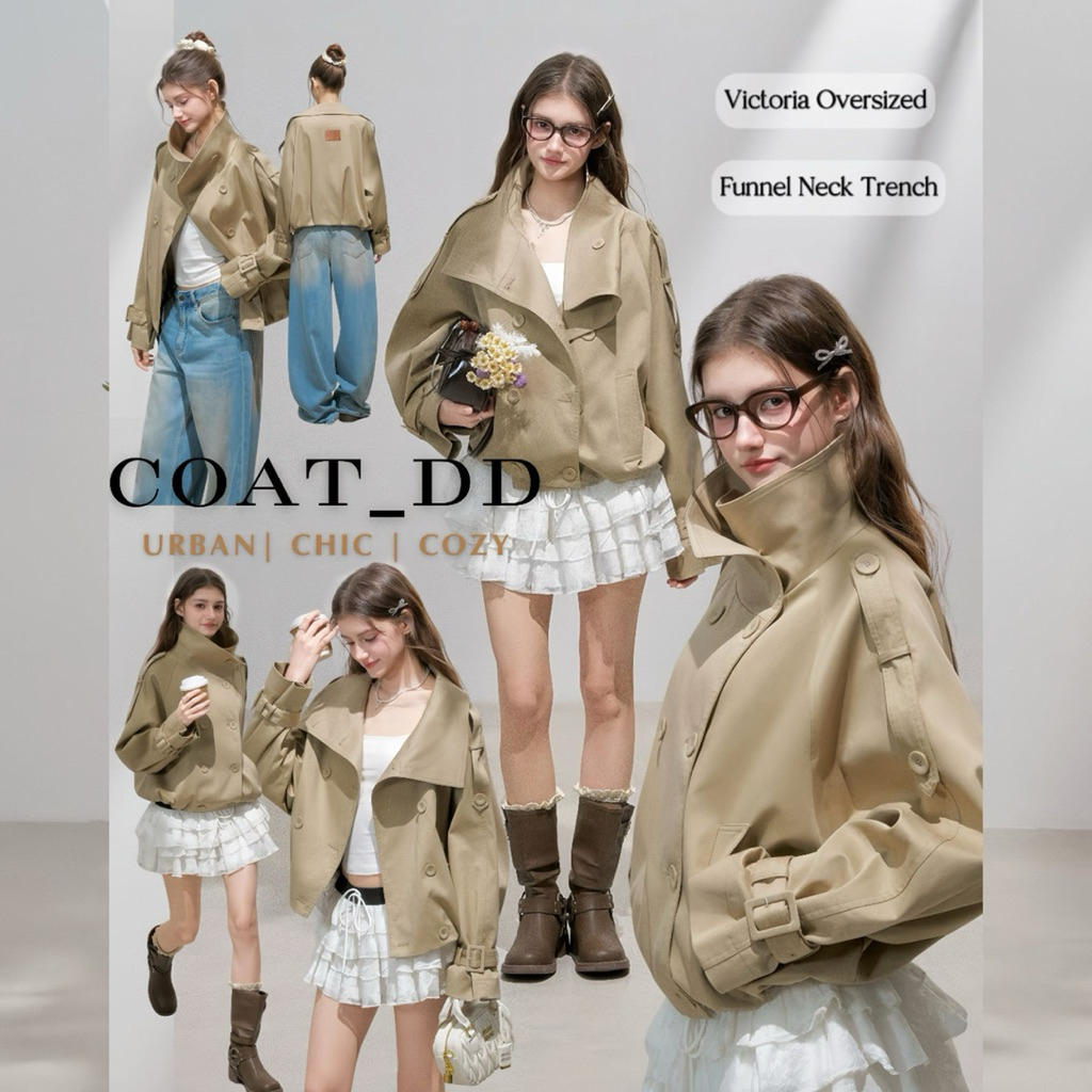 DD(no.156) 📣 Unbox ไอเท็มฮิตติดกระแส🔥!กับ 🎧✰Victoria Oversized funnel neck trench ✨★🎧พร้อมส่ง🔥 ♡₊˚★🎧✰