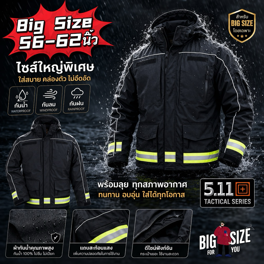 เสื้อกันฝน กันลม มีแถบสะท้อนแสง สำหรับไซส์ใหญ่ 56-66นิ้ว