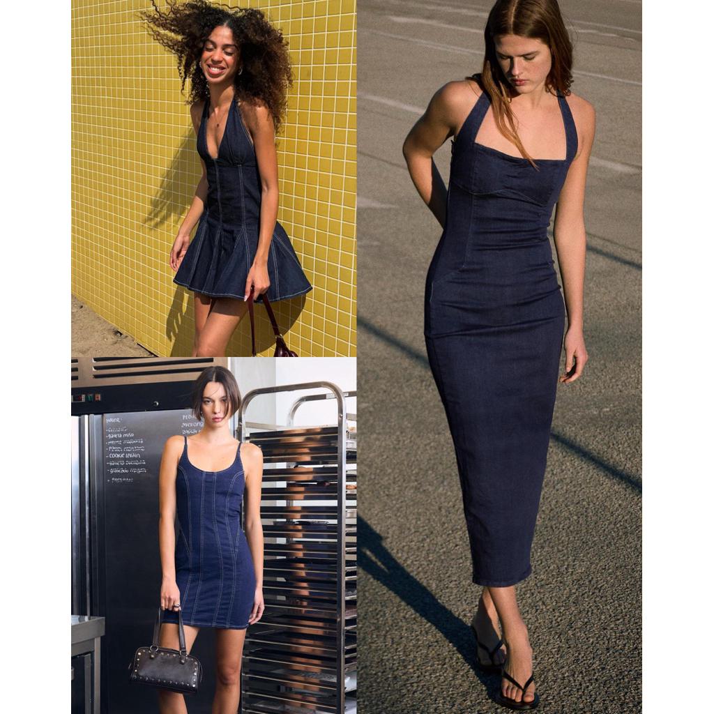 (ของแท้ ) Bershka denim dress รวมเดรสยีนส์รุ่นฮิต สียีนส์เข้ม