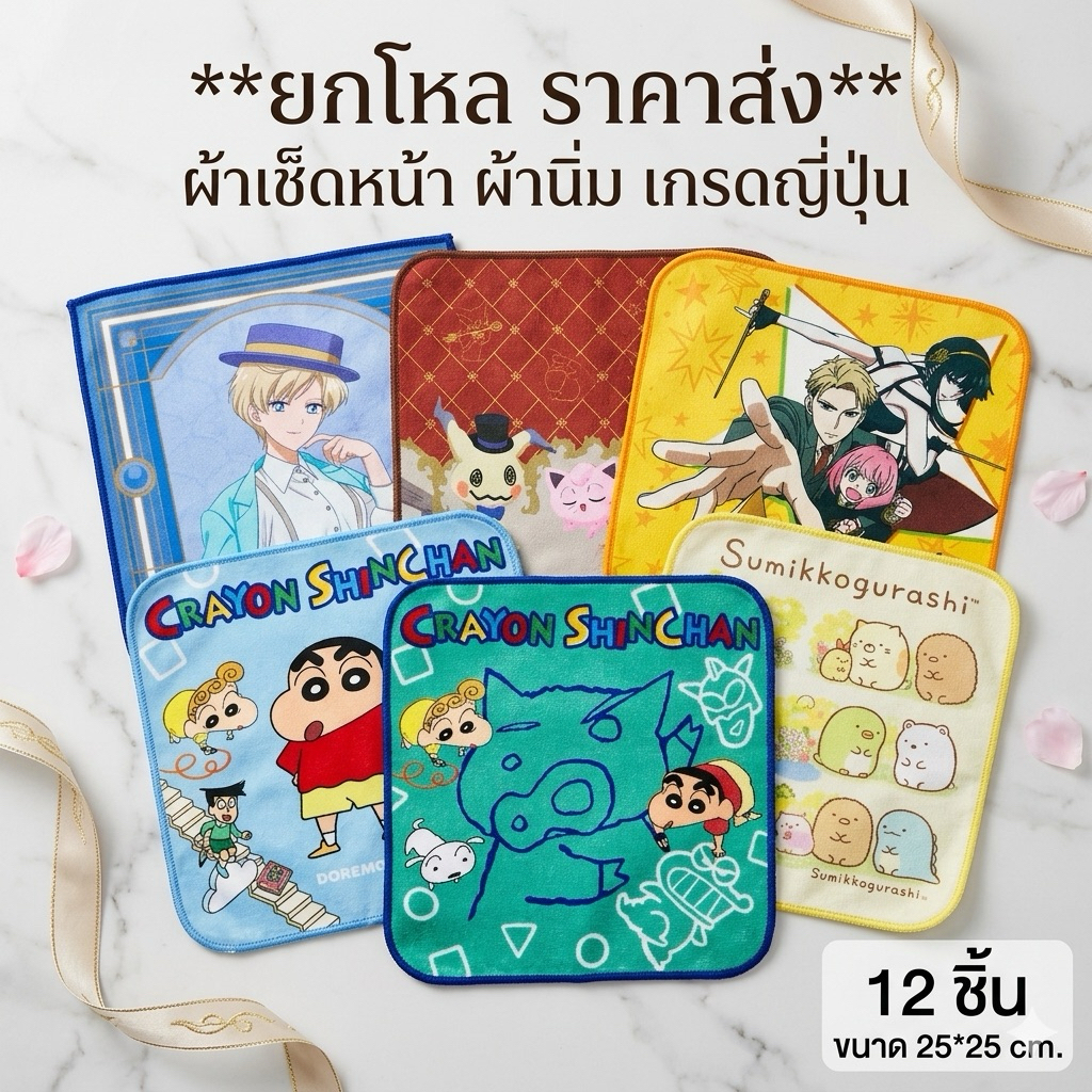 ผ้าเช็ดหน้าผ้านิ่ม ขนาด 25*25 ได้ 12 ผืน T0661