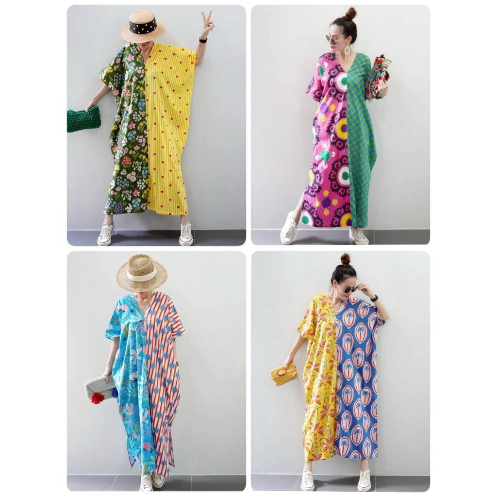 เดรสคอตตอนอินเดียคอวีหน้าหลังตัดต่อสลับลายผ้าใส่สบายสวยไซด์ใหญ่ค่ะ ราคา ถูกที่สุด ดีลบีเคเค
