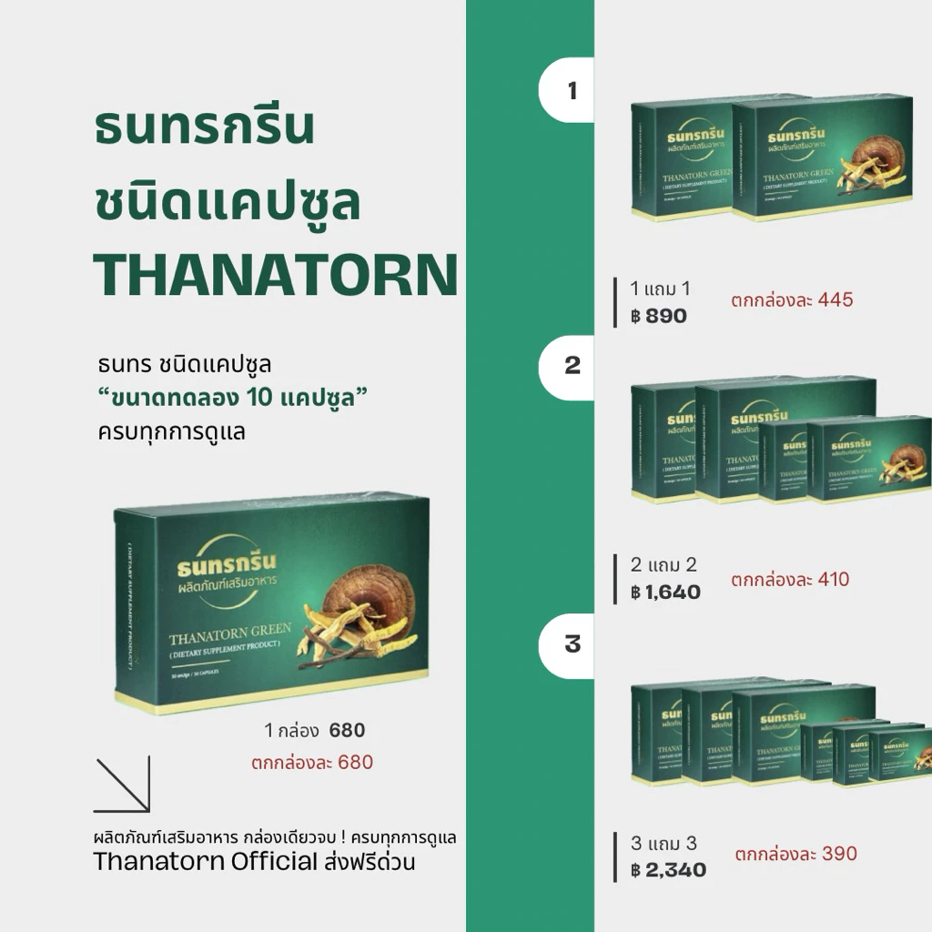 (ล๊อตใหม่+ส่งฟรีด่วน)เซตทดลอง 10 แคปซูล ผลิตภัณฑ์เสริมอาหารธนทรกรีน ชนิดแคปซูล thanatorn green