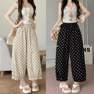 กางเกงบอลลูน ลายจุด Polkadot ขาระบาย (เอว 24-38) ผ้าเครปญี่ปุ่น ผ้านุ่มใส่สบาย