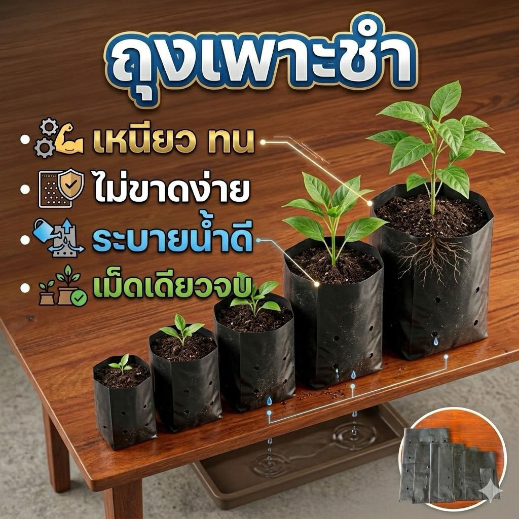 ถุงเพาะชำ ถุงปลูกต้นไม้ สีดำ หนาพิเศษระบายน้ำดี รากเดินไว ทนแดด ทนฝน  มีหลายขนาด (แบ่งขาย500กรัม)