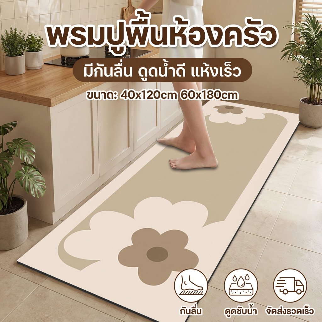 【พร้อมส่ง】HB พรมปูพื้นห้องครัว พรมห้องน้ำ ดูดน้ำดี พรมกันลื่น มีกันลื่น แห้งเร็ว พรมห้องครัว 40*120/60*180cm